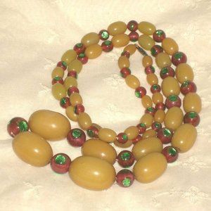Antique Rare 20s Venetian Peacock Eye Foil and Butterscotch Amber Bead Necklace